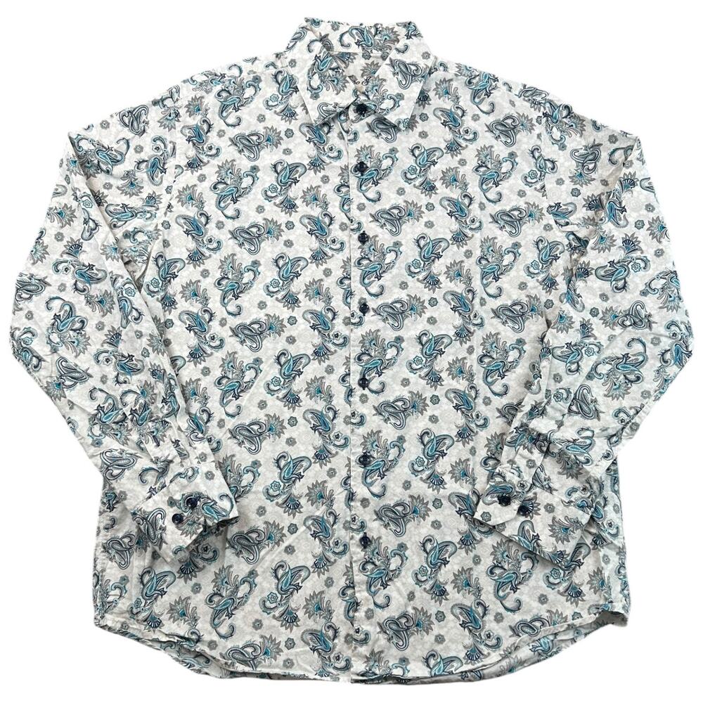 Tasso Elba Mens Large 16-16.5 Paisley Button Down Shirt Blue Gray 100% Cotton